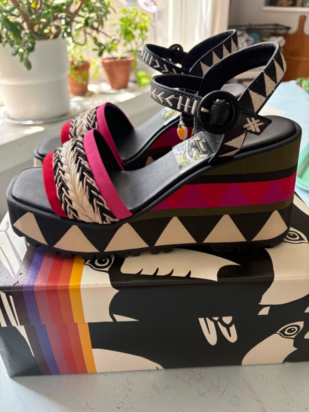 FARM Rio Black, Pink & Cream Platform Wedge Sandals with Geometric Trim - Picture 3 of 7